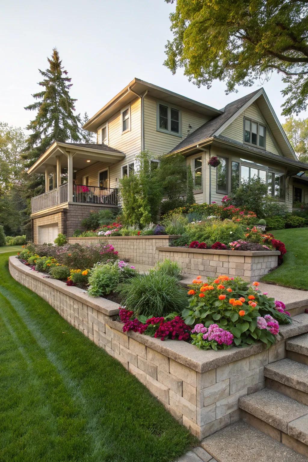 Staggered flowerbeds bring depth and charm to your split-level home.