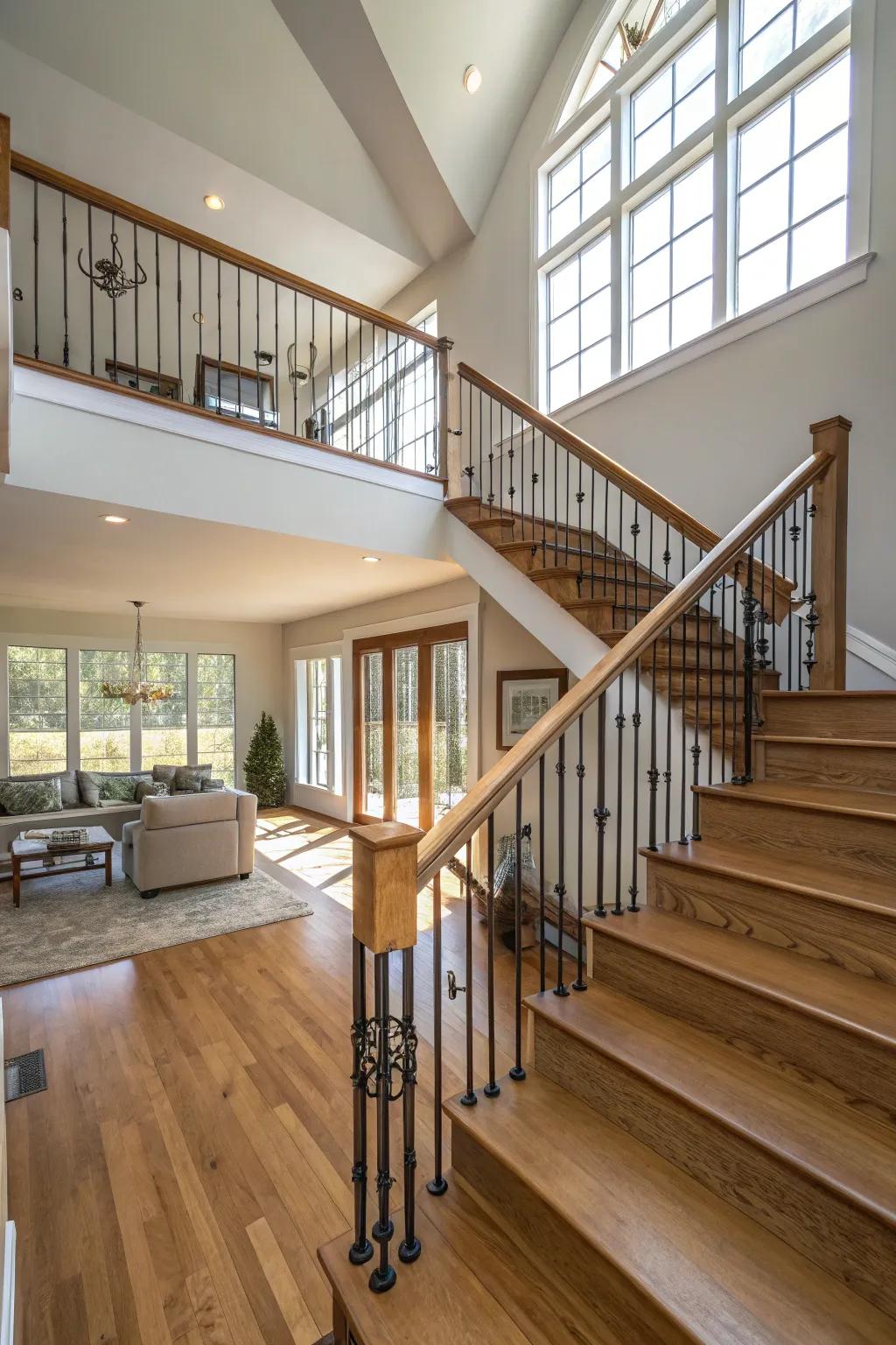A traditional wood and metal railing design within a split-level abode.