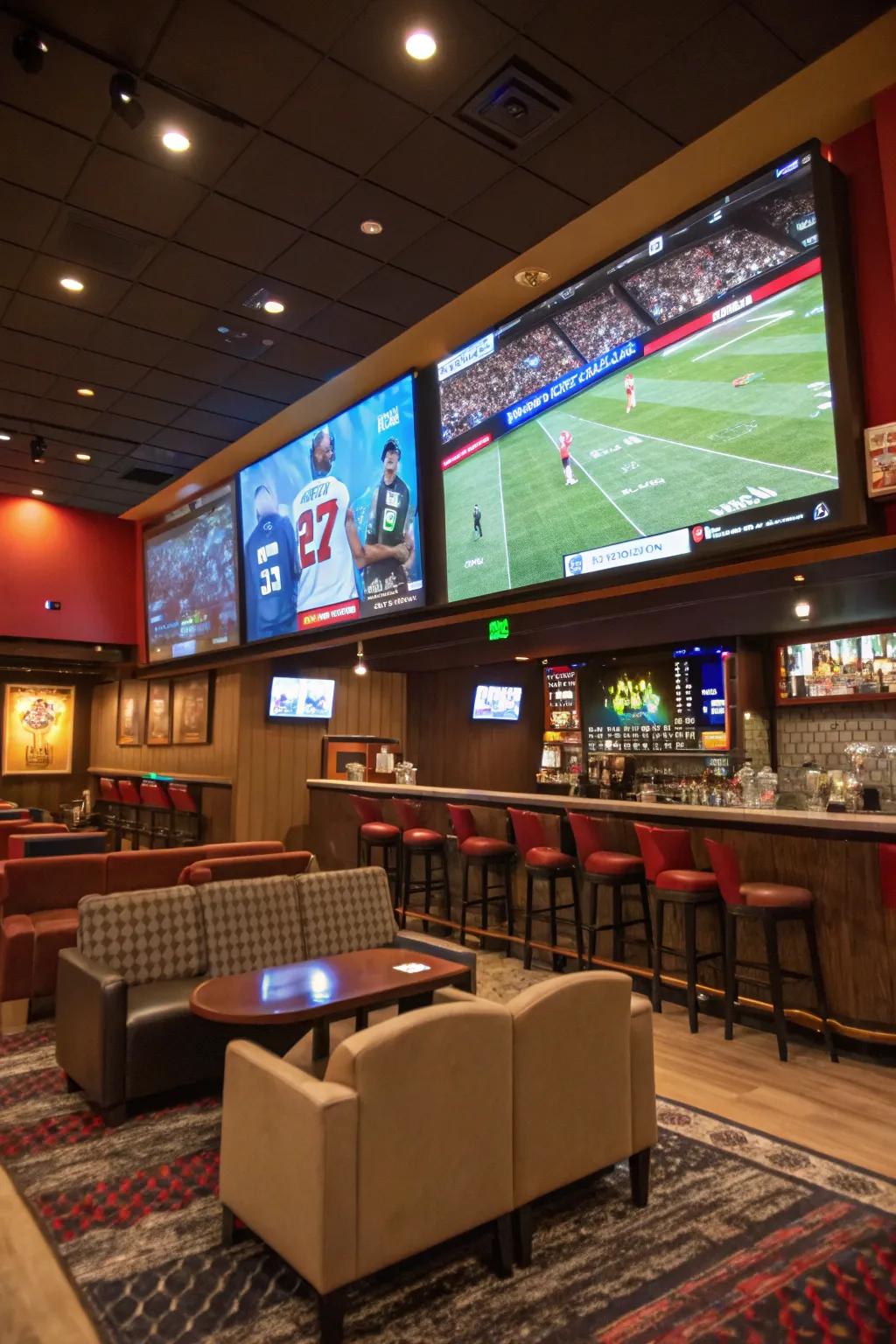 Multiple large-screen TVs ensure everyone has a front-row seat to their favorite games.