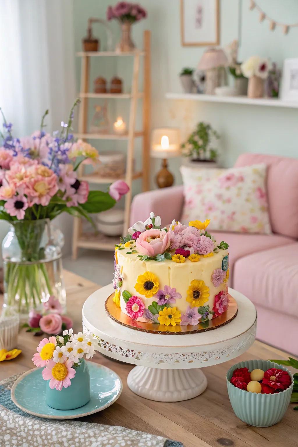 A floral-themed birthday cake that captures the beauty of spring.