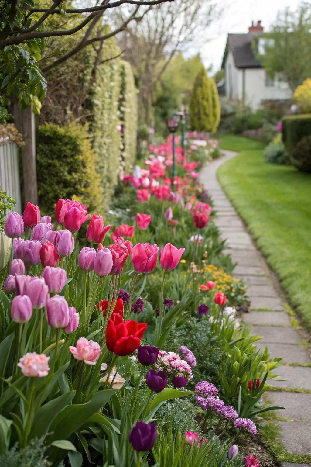 An eye-catching tulip border displaying a spectrum of vivid shades.