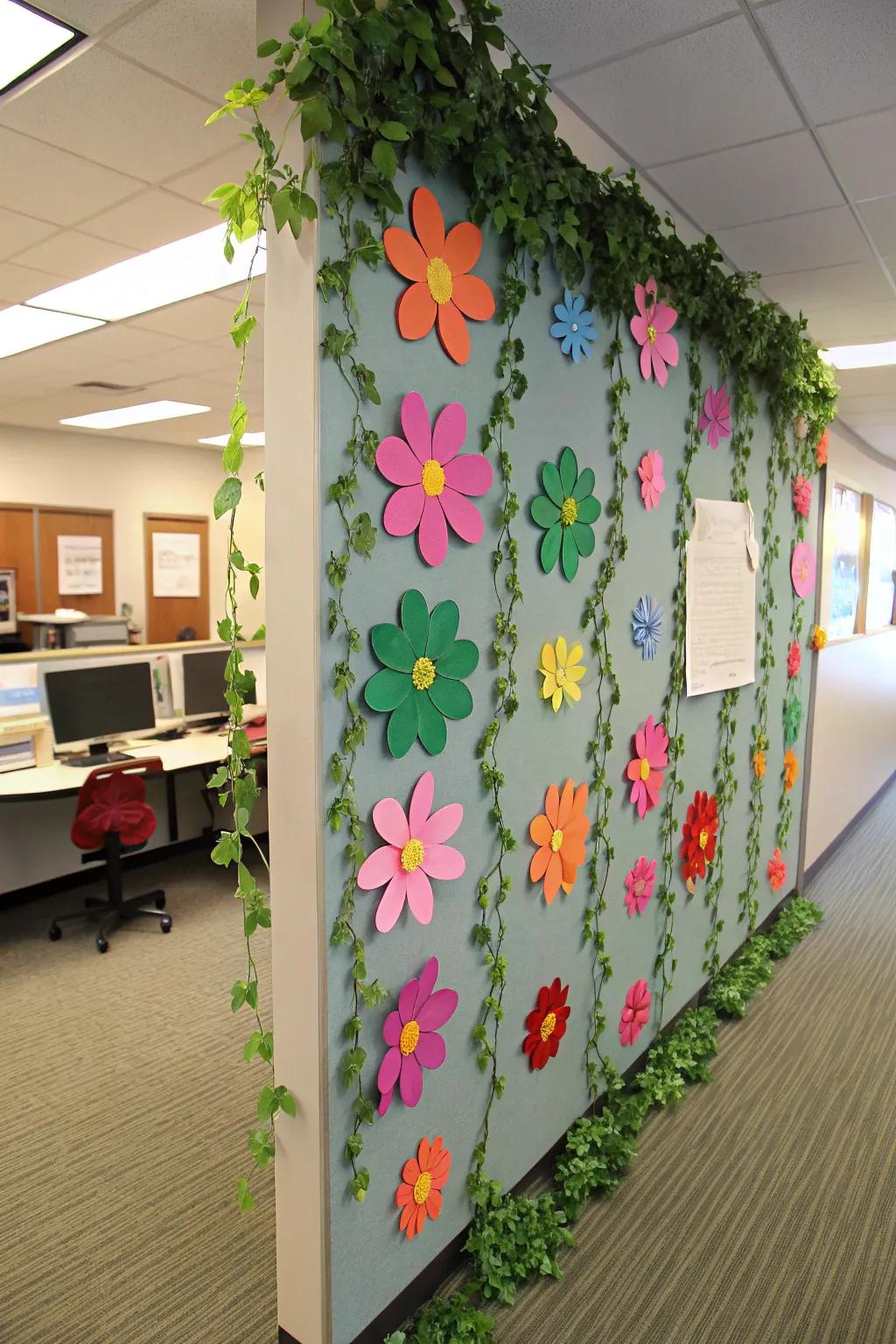 A bulletin board bursting with vibrant simulated blooms and lush green garlands.