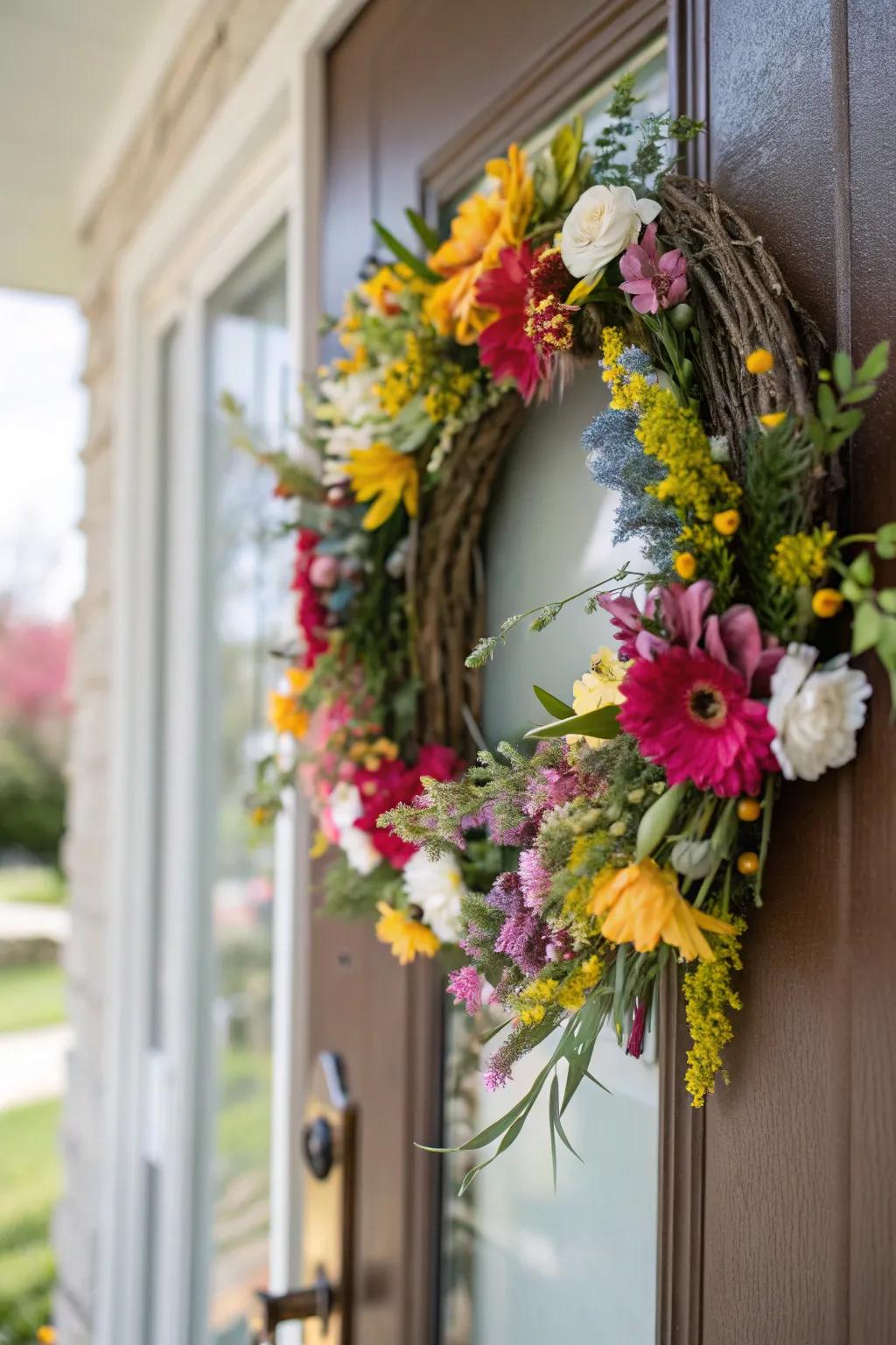 A bright floral garland is a great spring greeting at your doorstep.
