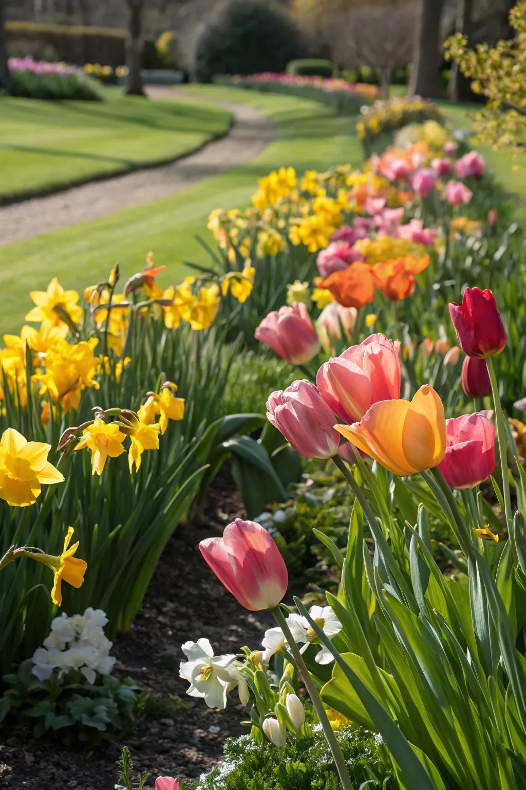A dazzling flower bed showcasing rainbow lilies and buttercups adds a cheerful highlight to any garden.