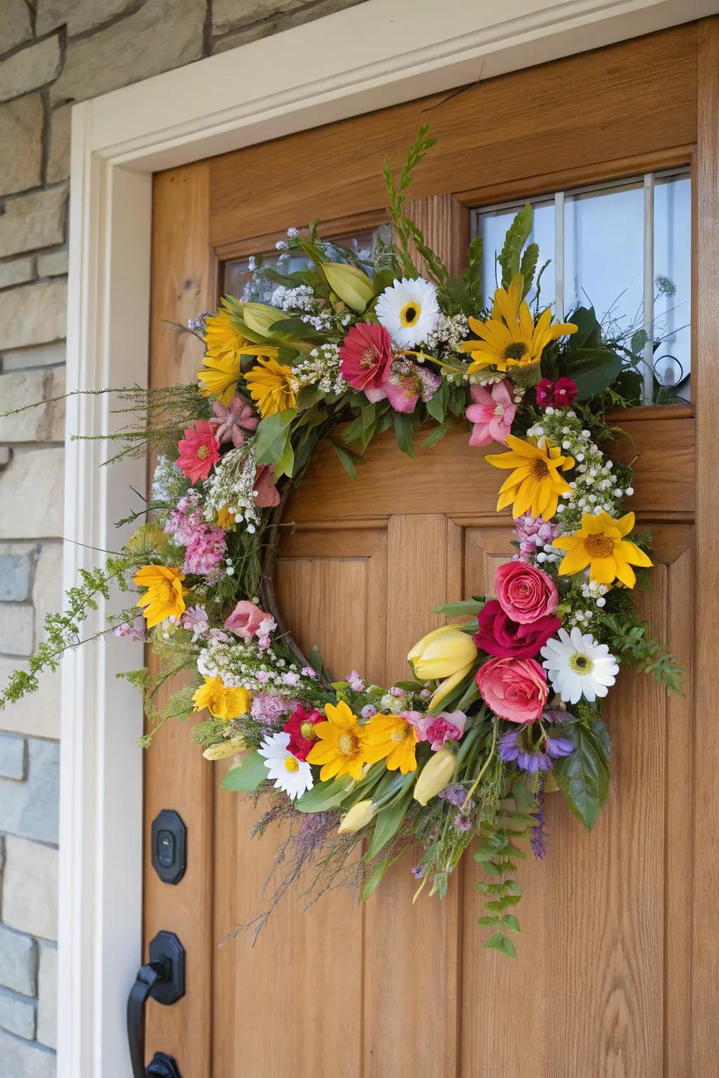 A vibrant floral circle lends a cheerful nuance to any entry, ideal for the spring period.