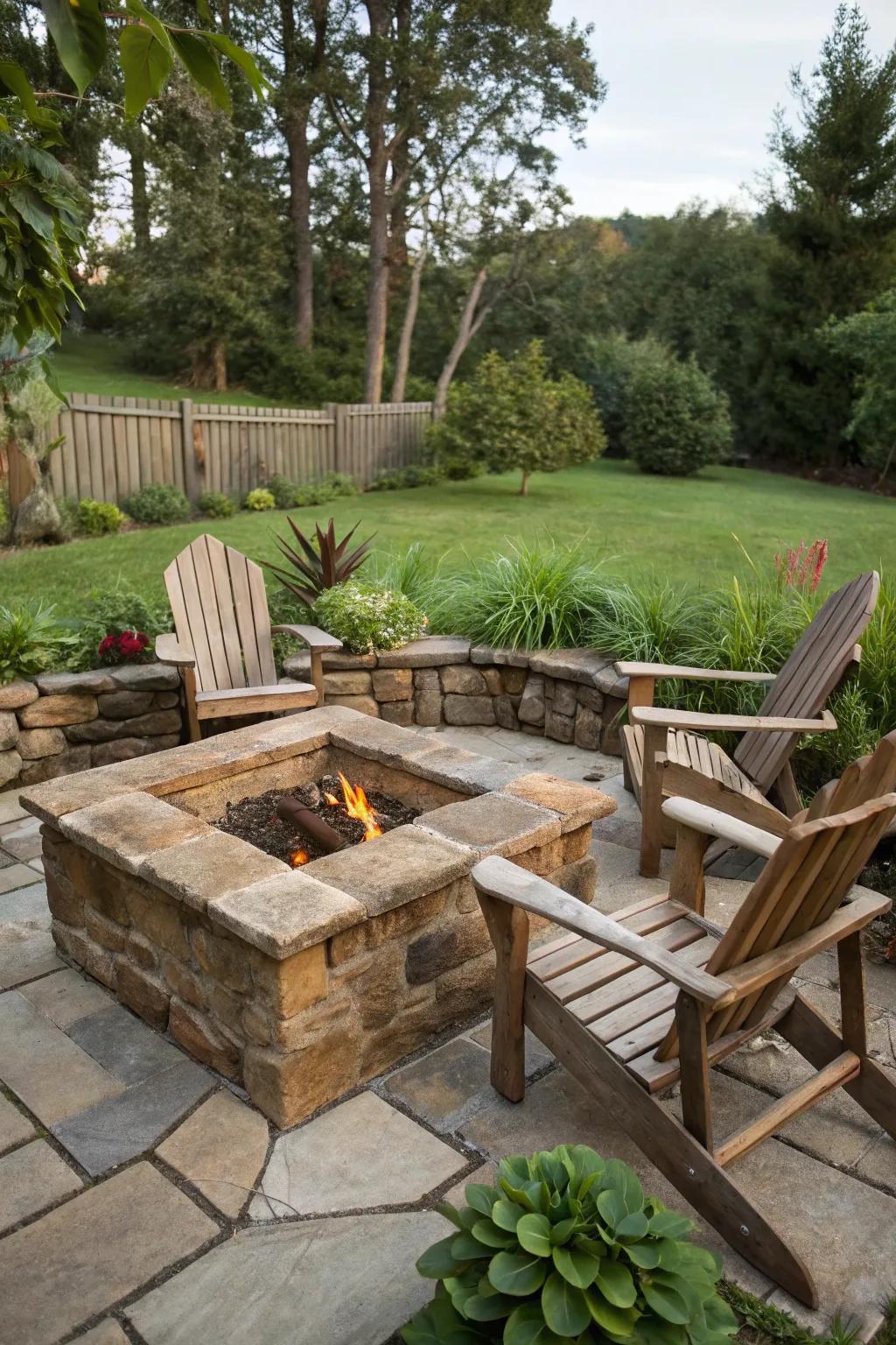 A country stone square fire pit introduces charm to any backyard.