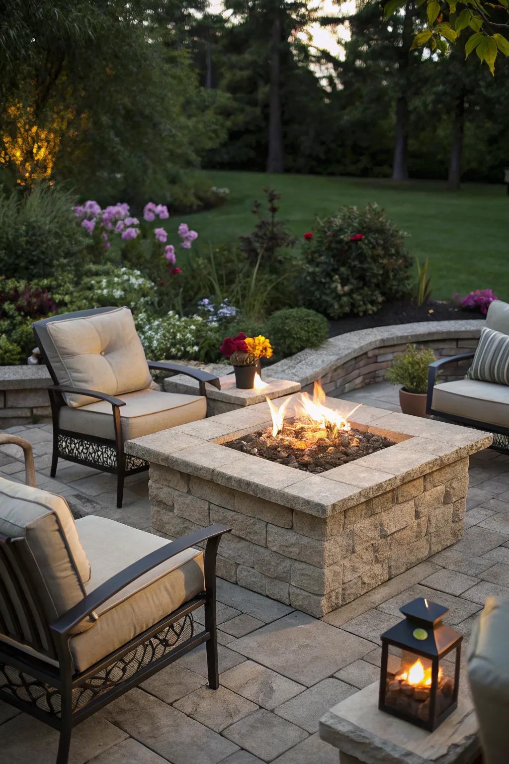A central stone fire pit creates a warm and inviting patio centerpiece.