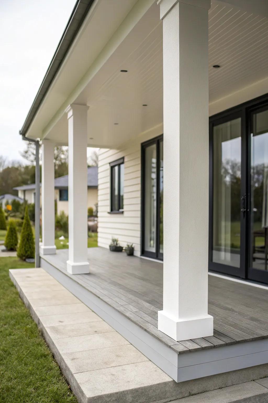 Uncluttered upright posts bring a refined touch to this contemporary dwelling.