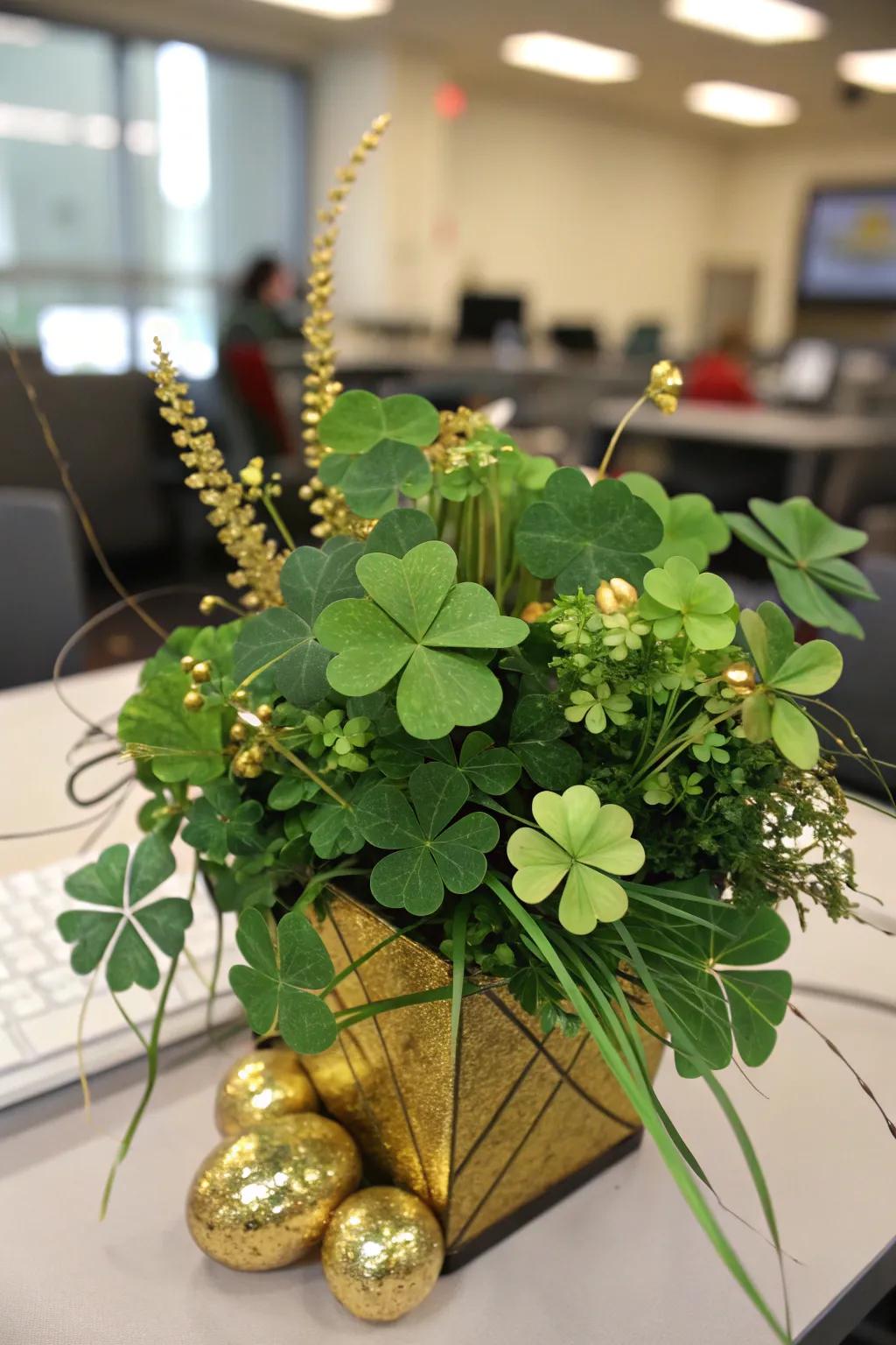 A delightful shamrock centerpiece brings St. Patrick's joy to the office setting.