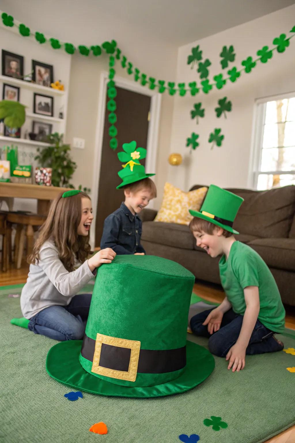 Children laughing while wearing an enormous leprechaun hat in a festive setting.