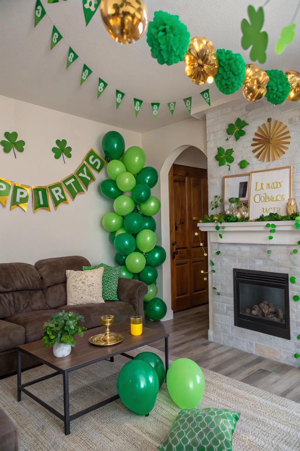 Transform your space into a lush, green retreat with whimsical balloons and trefoil-themed decorations.