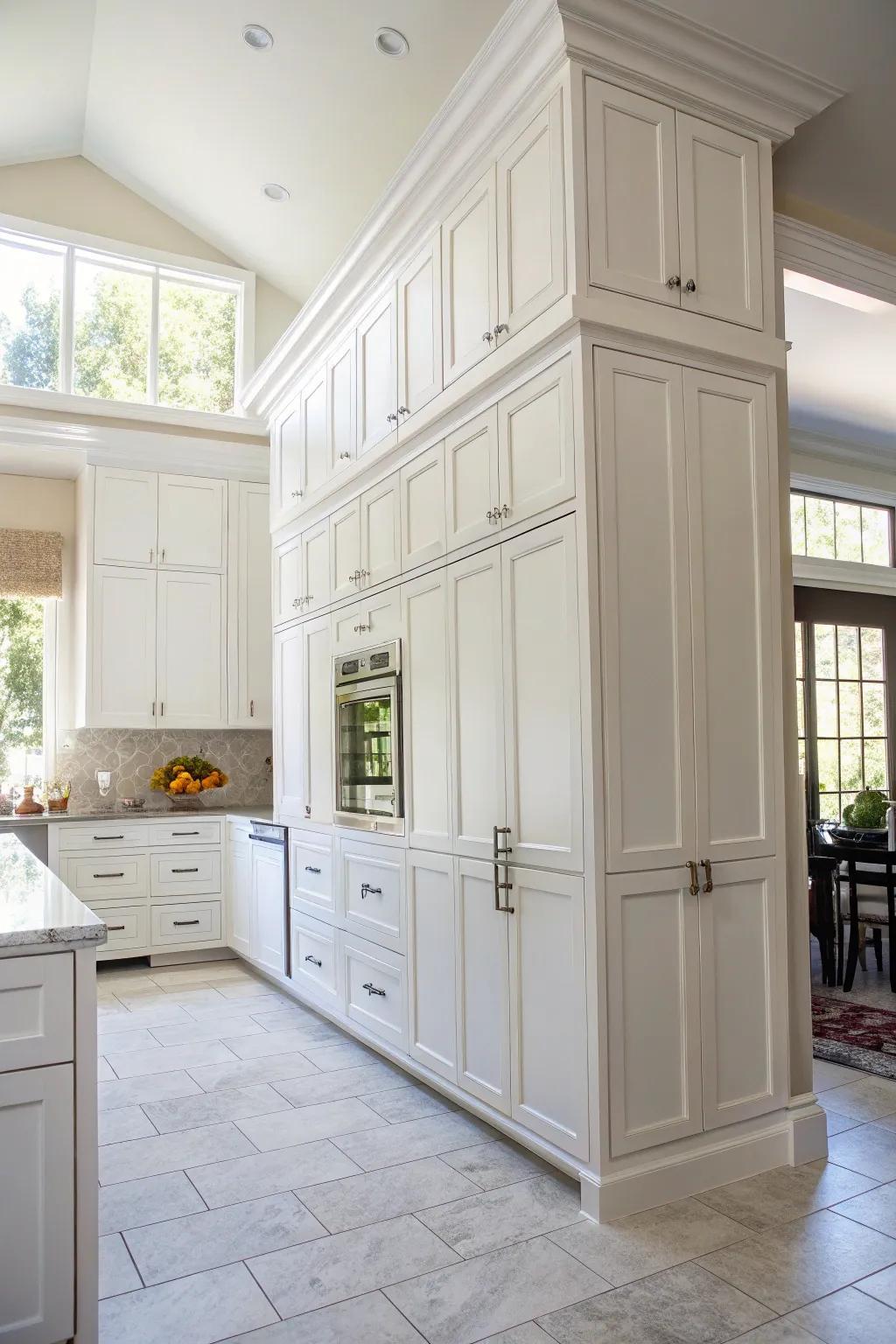 Layered cabinets ascend gracefully towards the 10-foot ceiling, offering extensive storage capabilities.