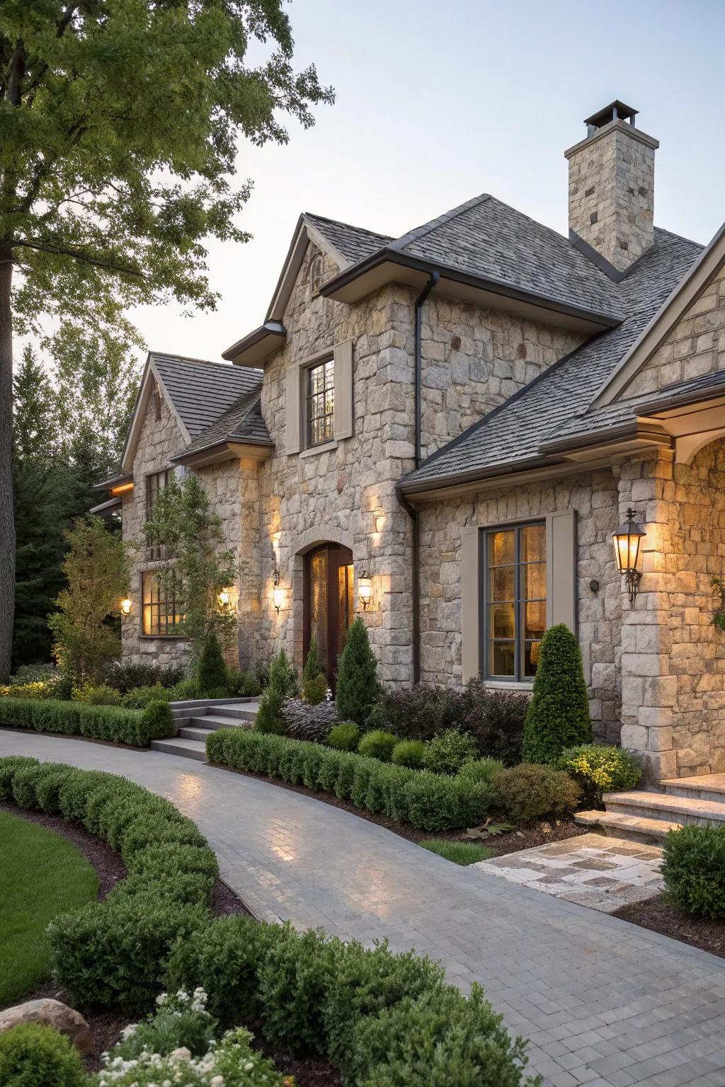 A home transformed into a stone stronghold with comprehensive stacked stone cladding.