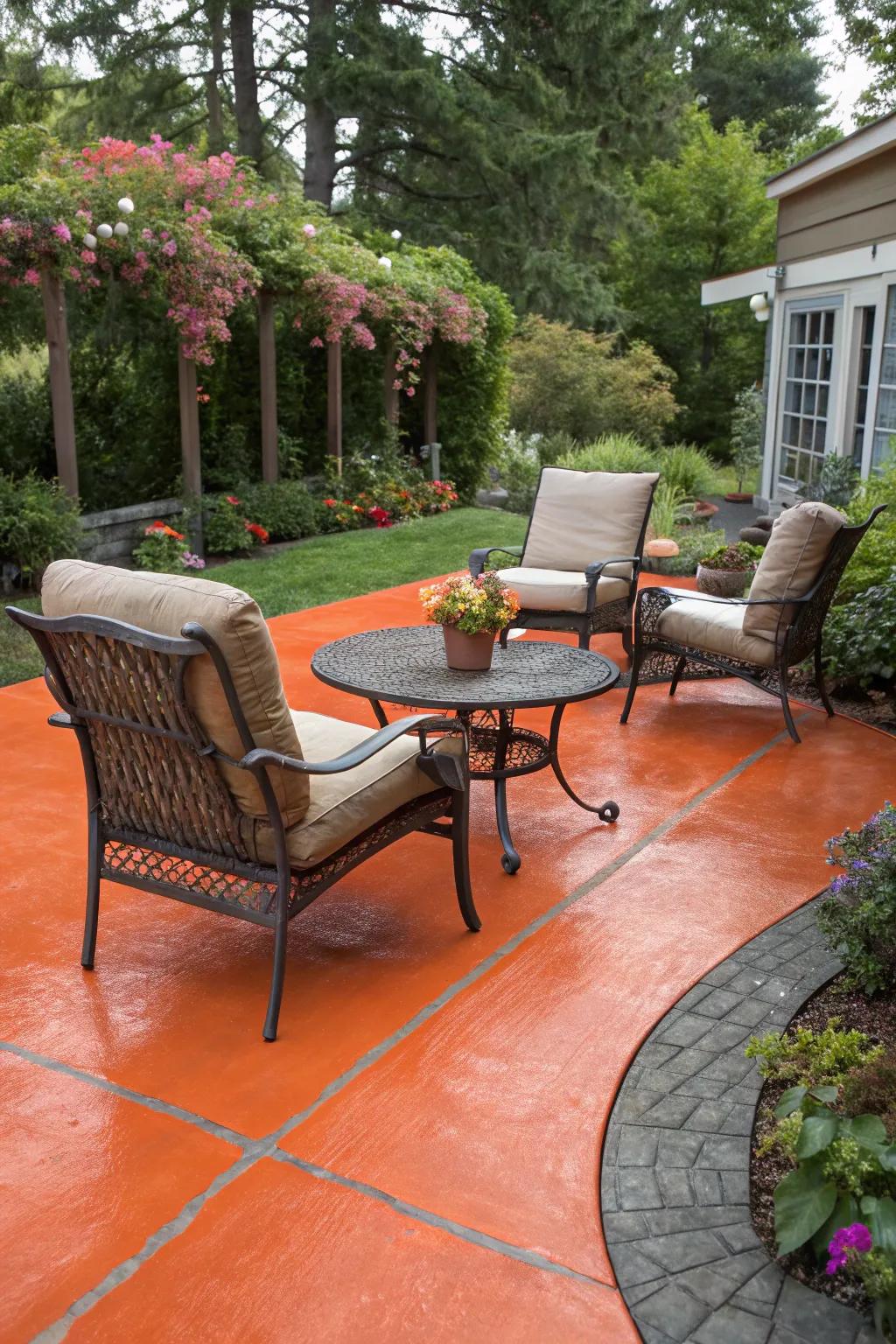 A bold orange-stained patio that adds a splash of color to outdoor gatherings.