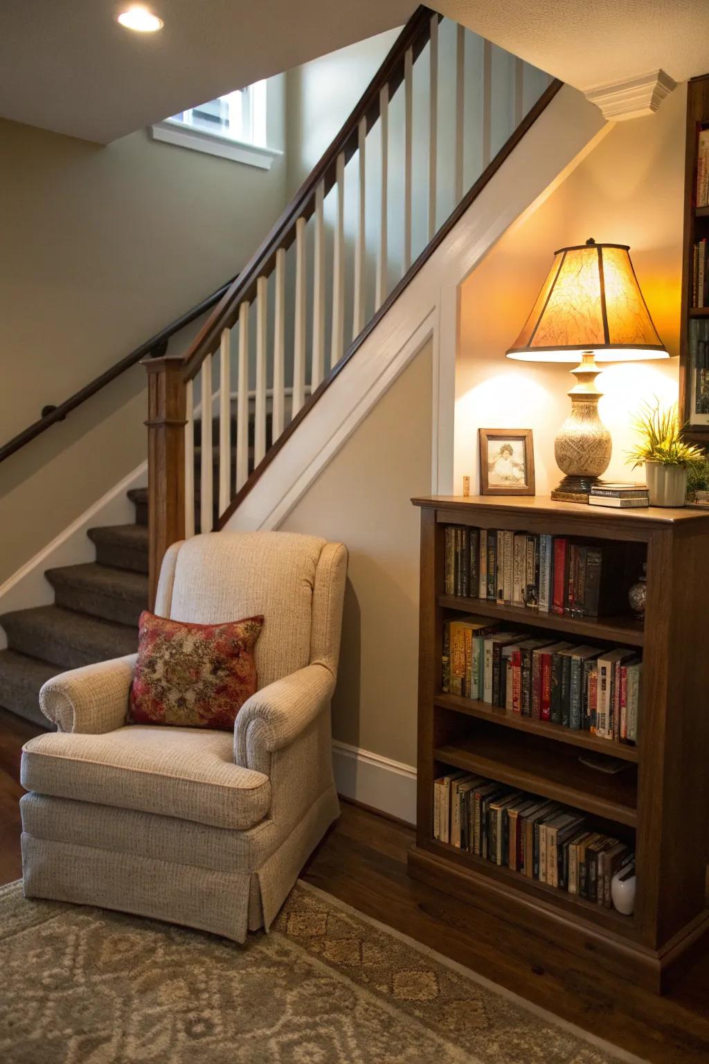 A comfortable reading space on your stair landing is an ideal place for book lovers to unwind.