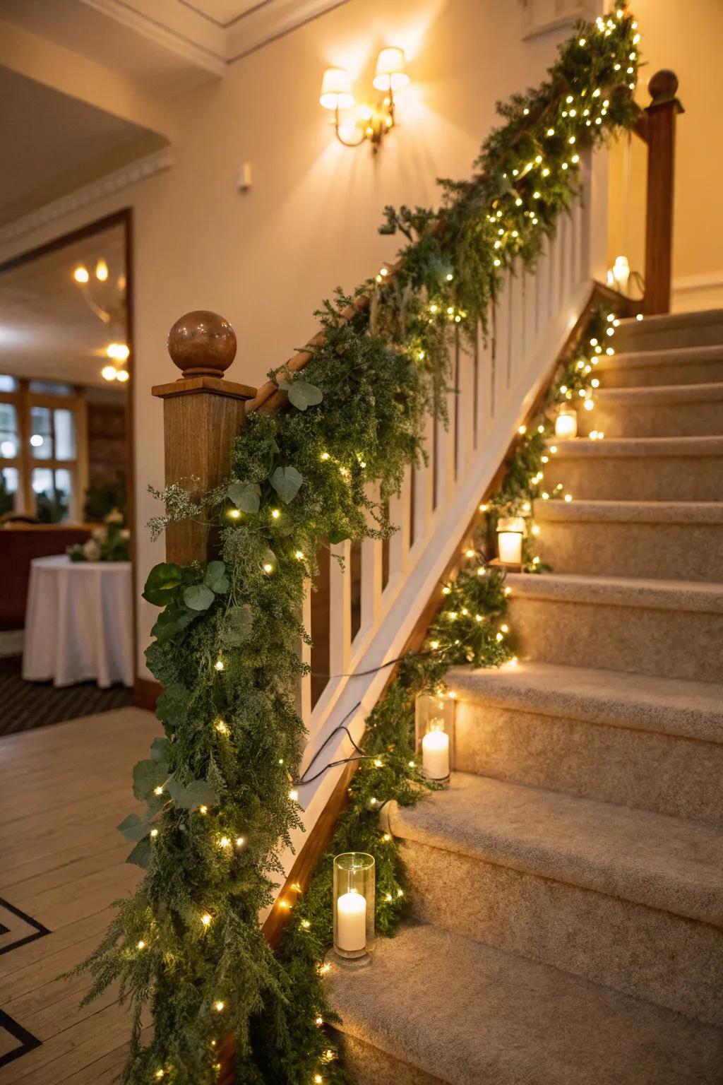 A staircase embellished with a lush garland and twinkling fairy lights.