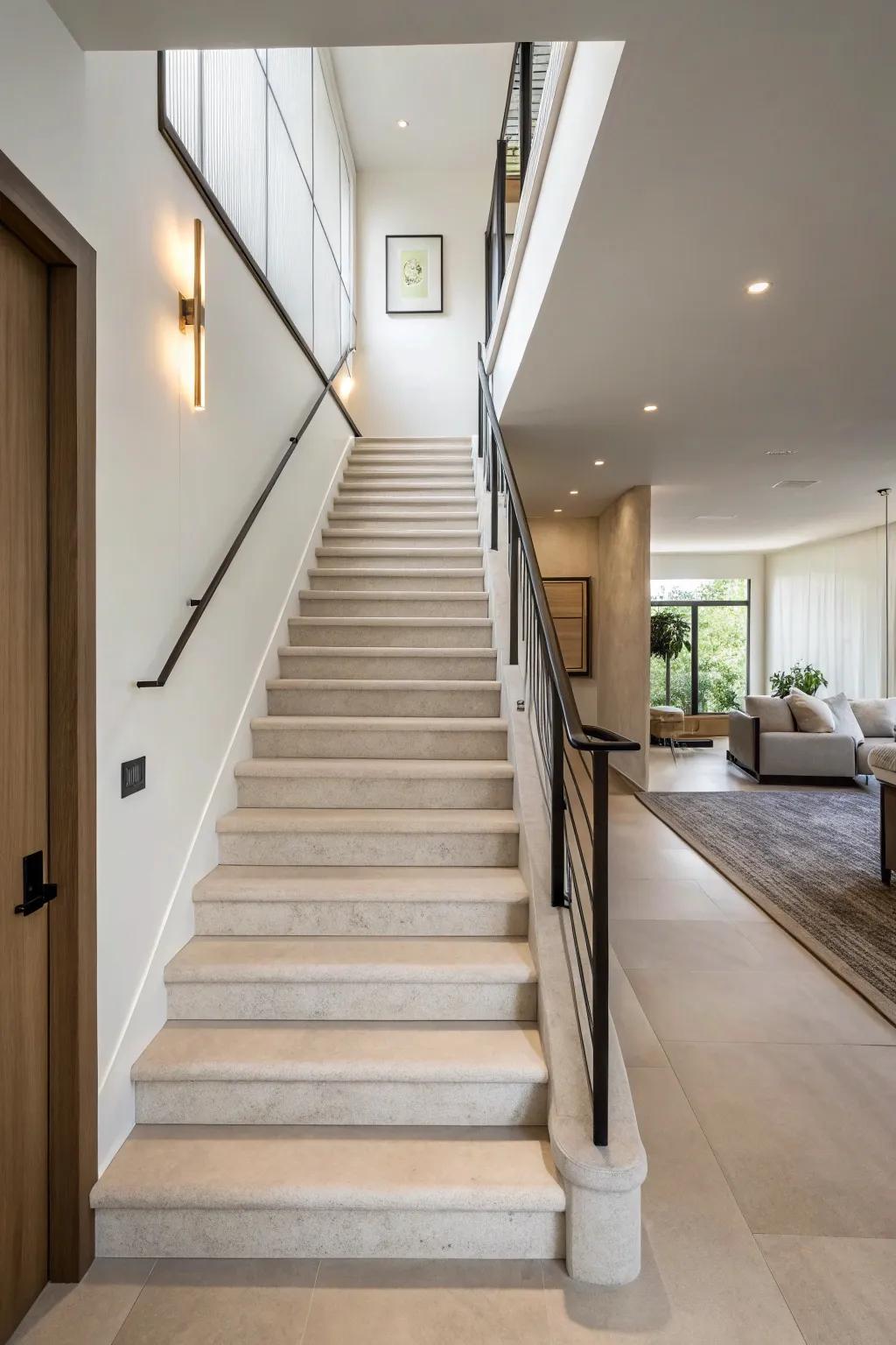 Adopting a minimalist approach with clean aesthetics offers a modern touch to your staircase.