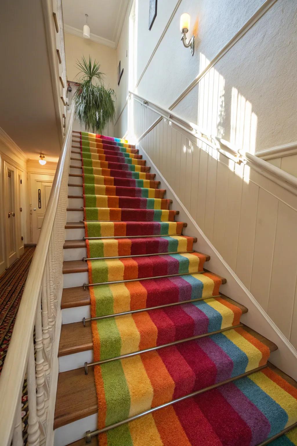 Vivid carpeted steps marry aesthetics with comfort seamlessly.