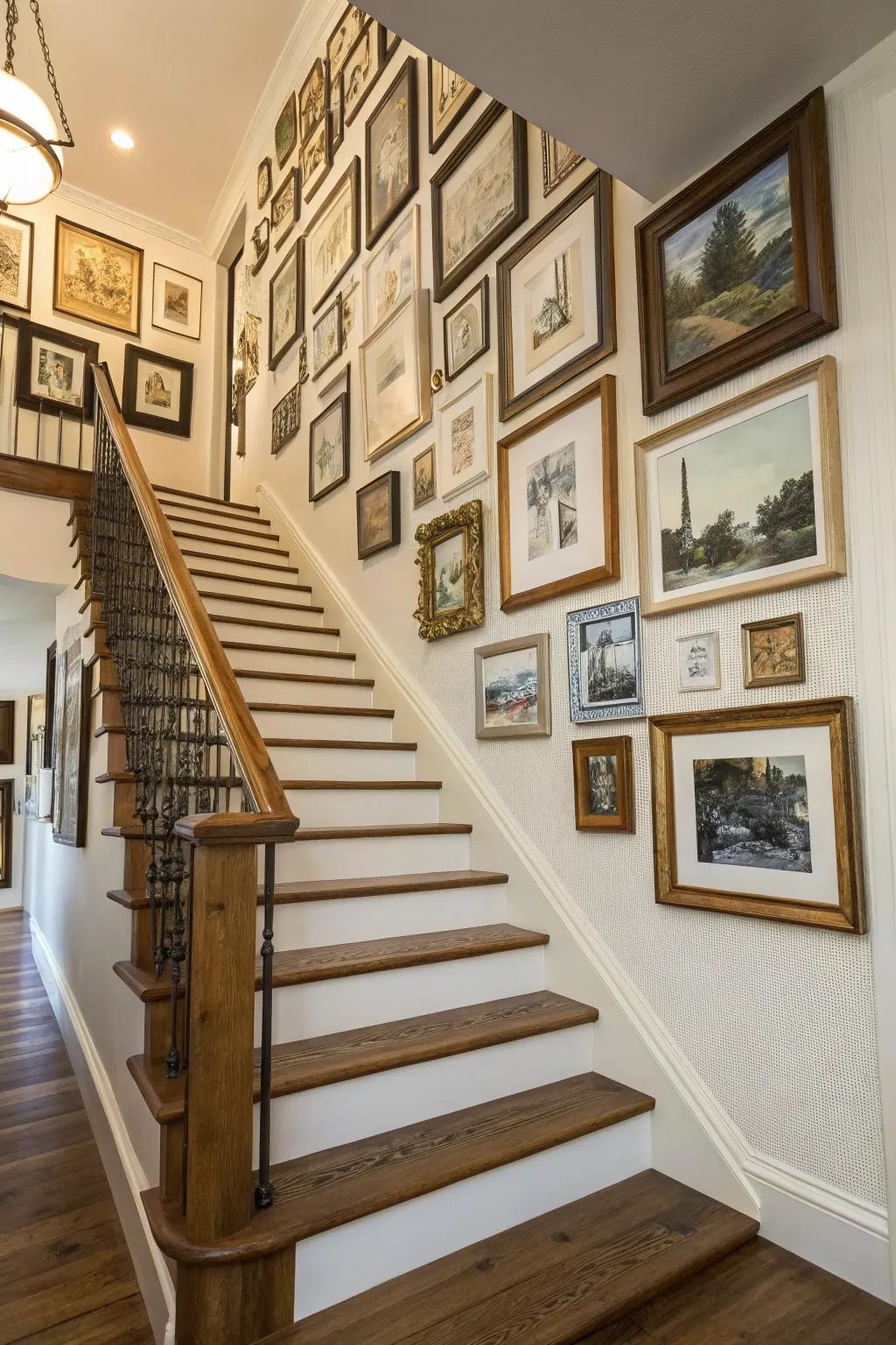 Assorted frames create an engaging exhibition wall on the stairway.