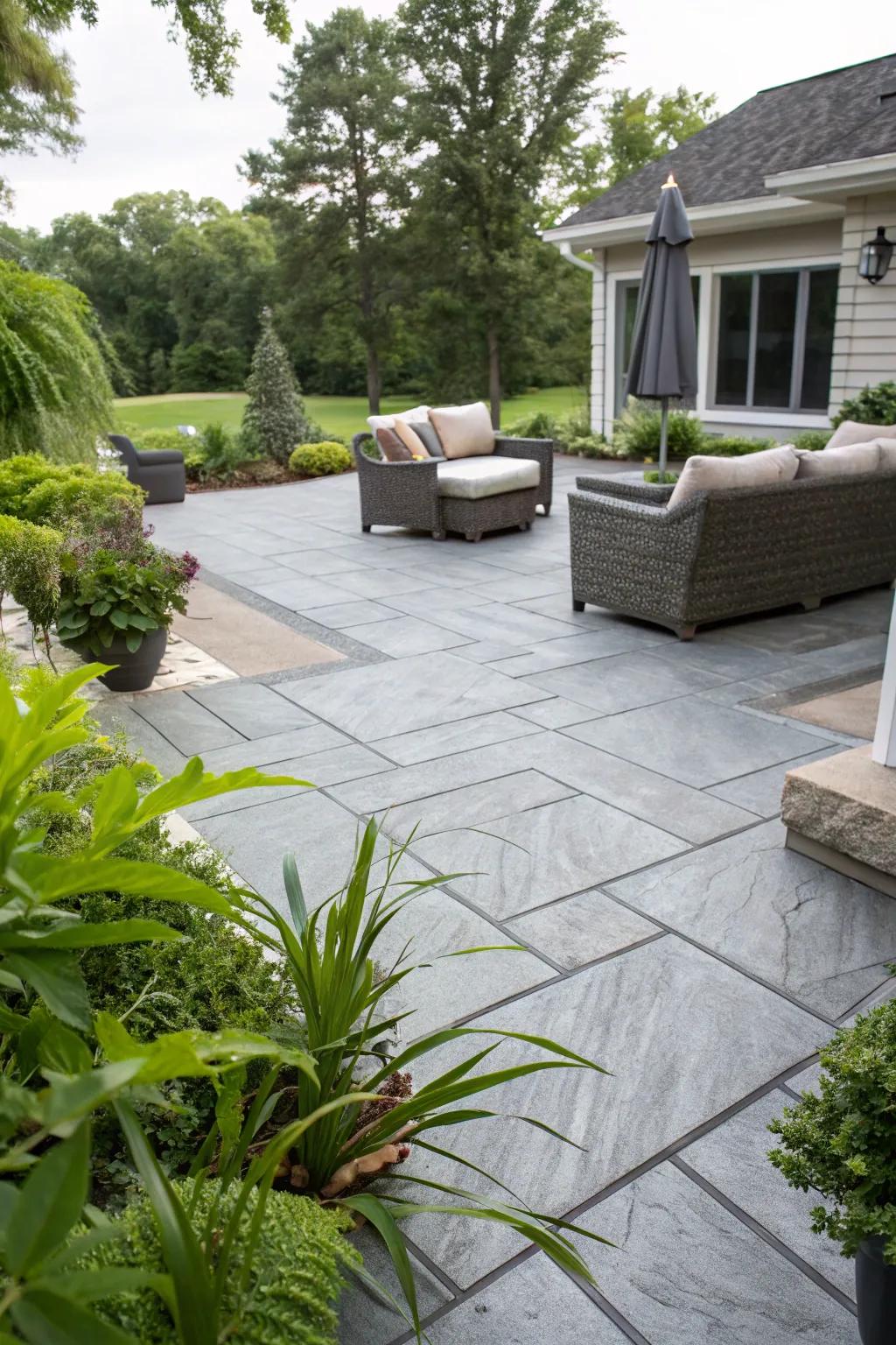 A streamlined gray patterned concrete deck radiating contemporary sophistication.