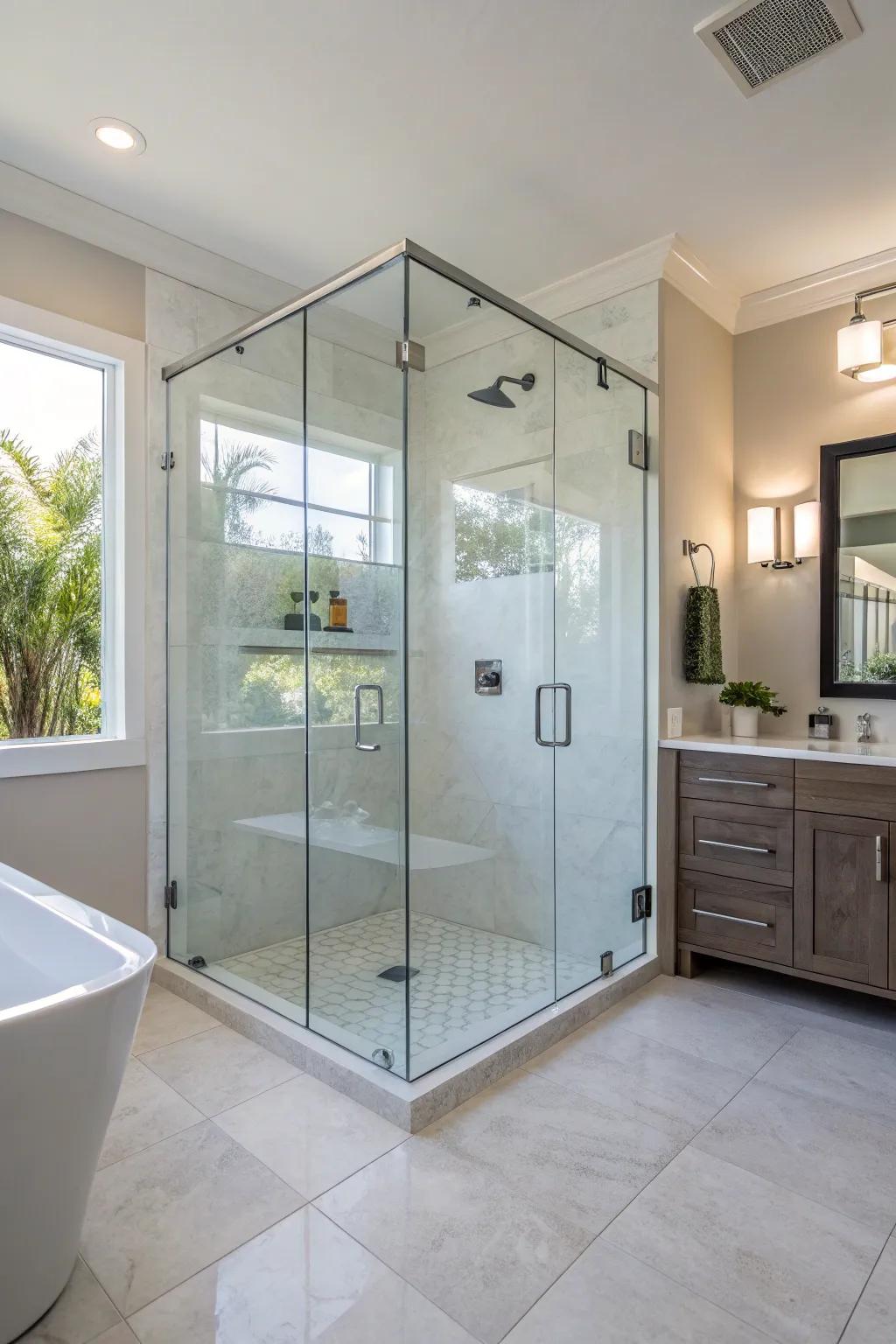A frameless glass shower that adds sophistication and roominess to a modern bathroom.