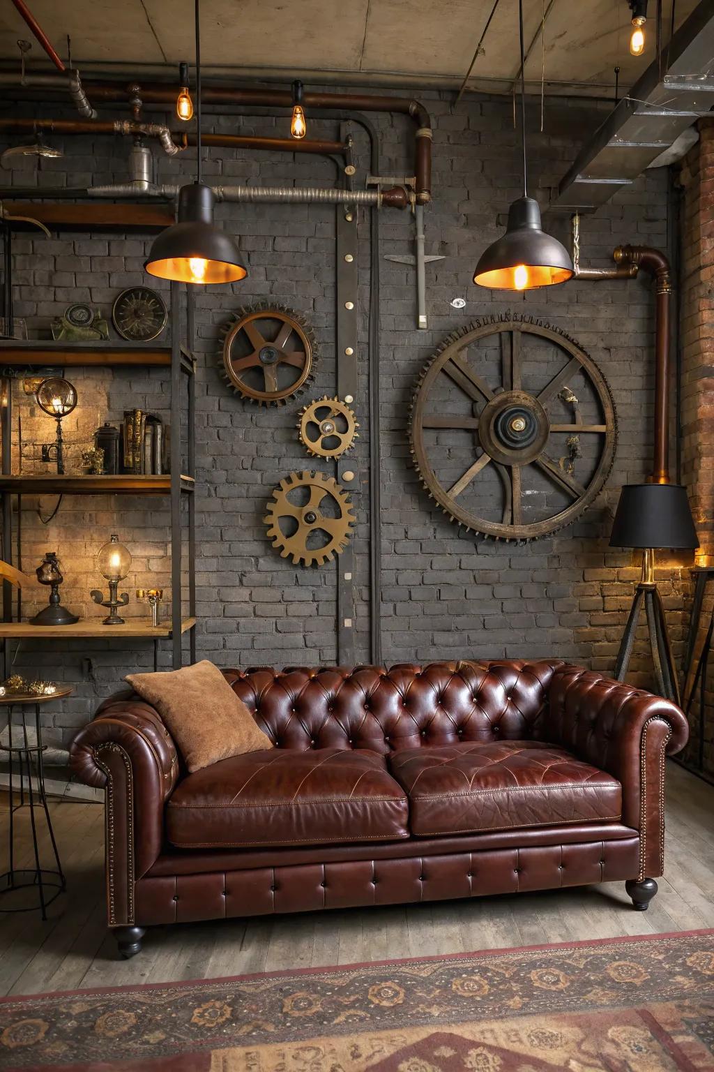 An opulent Victorian leather settee acts as the focal point of this steampunk family room.