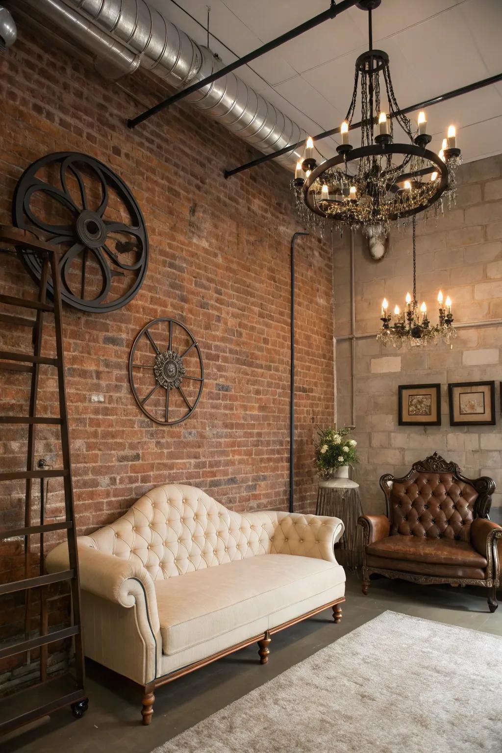An exposed brick wall makes a superb setting for steampunk decoration.