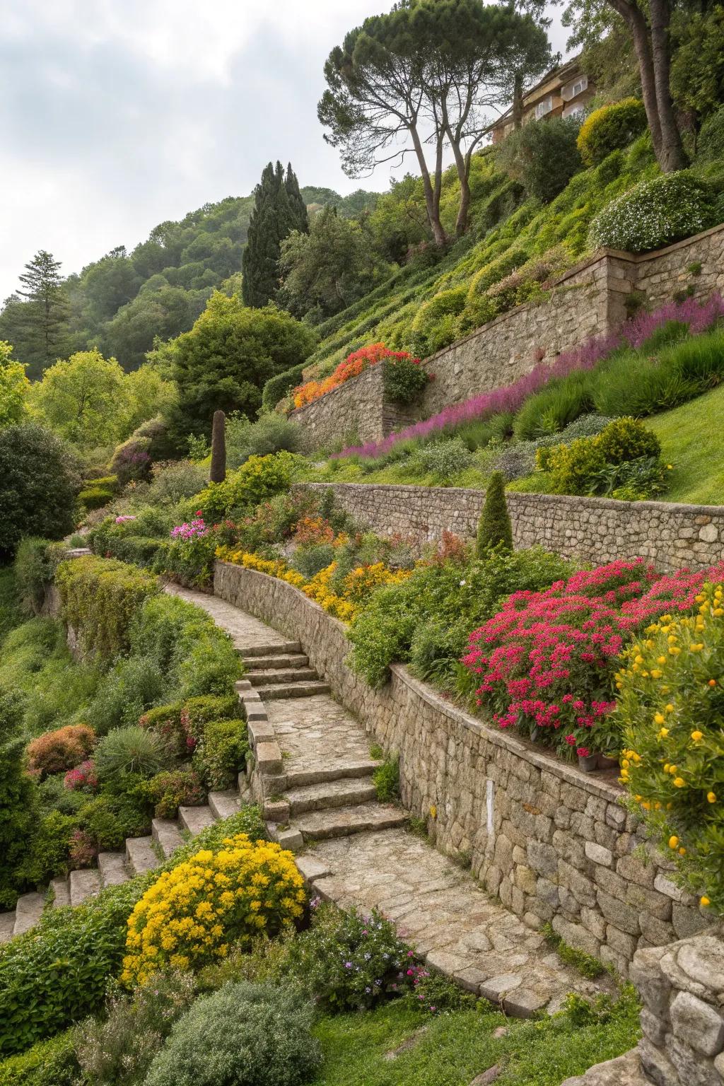 Terraces convert steep slopes into captivating, easily managed areas.