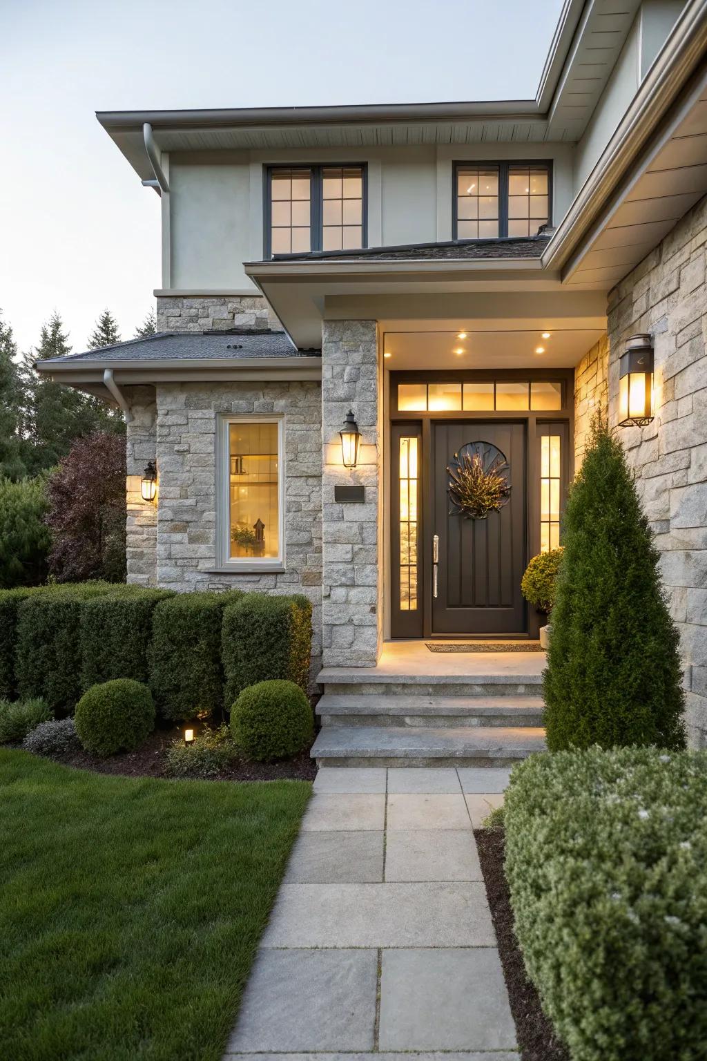Stone framing enriches the doorway with added depth and style.