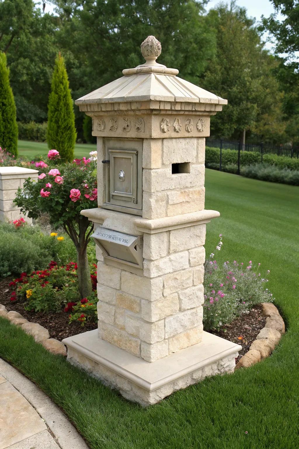 Limestone mailboxes embody classic elegance with a touch of country.