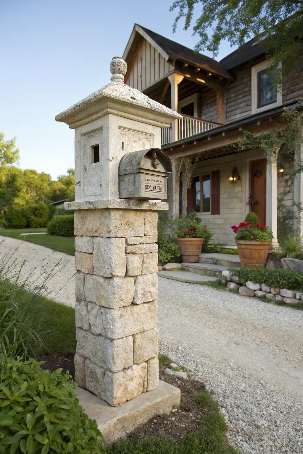 A lovely weathered rock mailbox pillar that shows off country-style elegance.