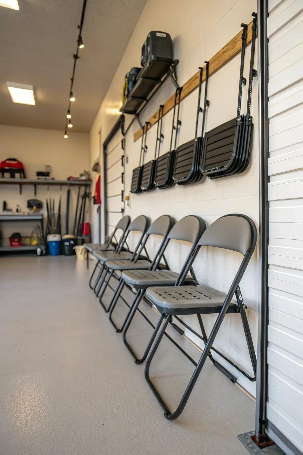Use your walls to their fullest with racks that hold folding chairs.