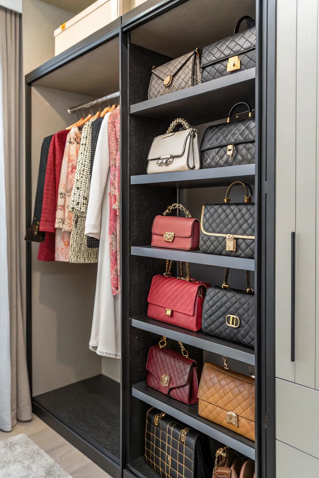 Adjustable shelving units showing off a variety of handbags.
