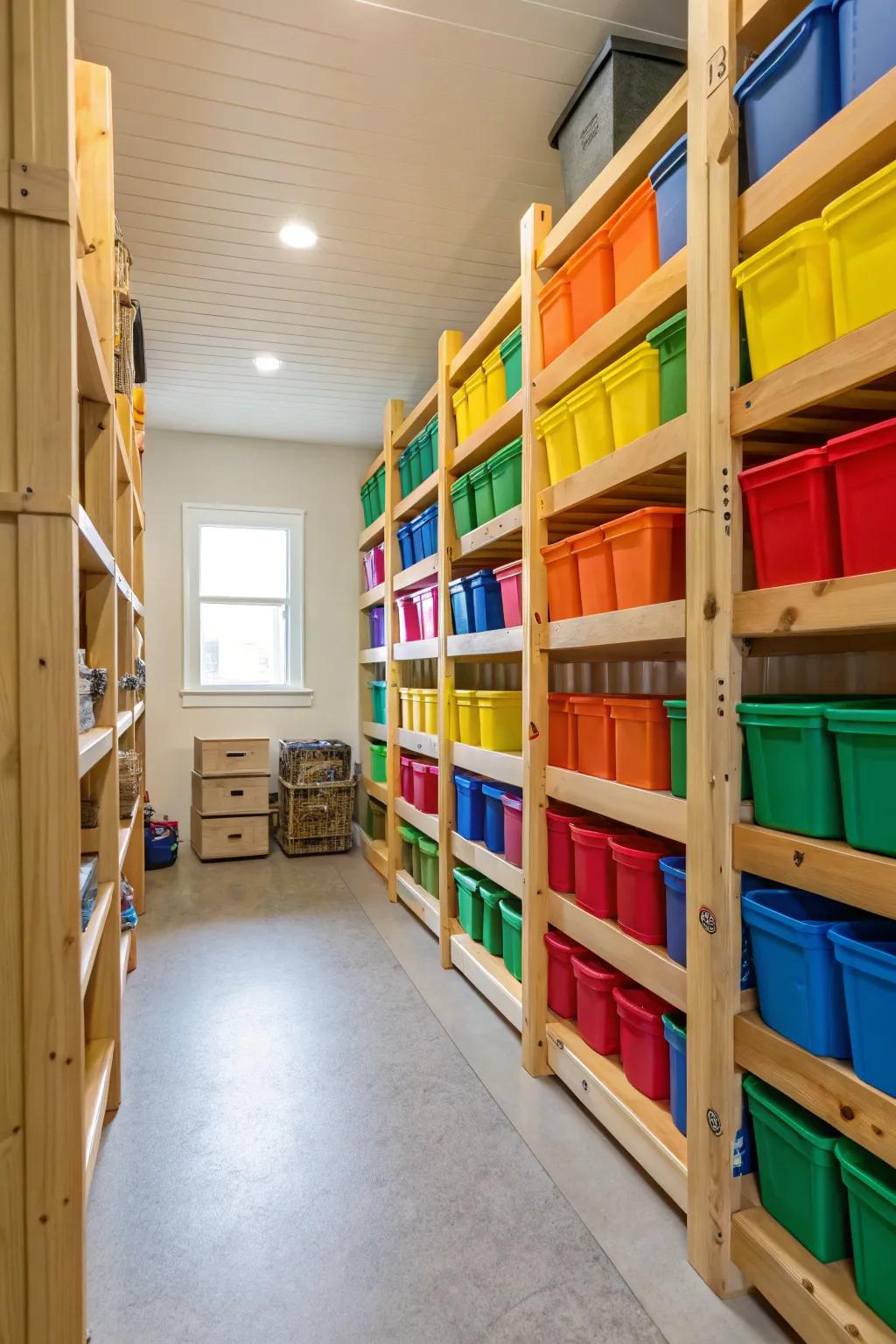 Floor-to-ceiling shelves provide a wealth of storage opportunities.
