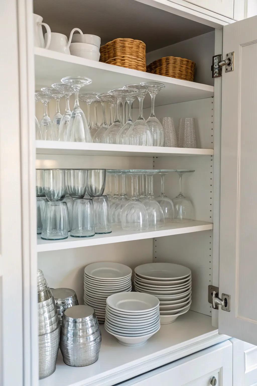 Storing your glasses in cupboards keeps them nicely arranged and hidden.
