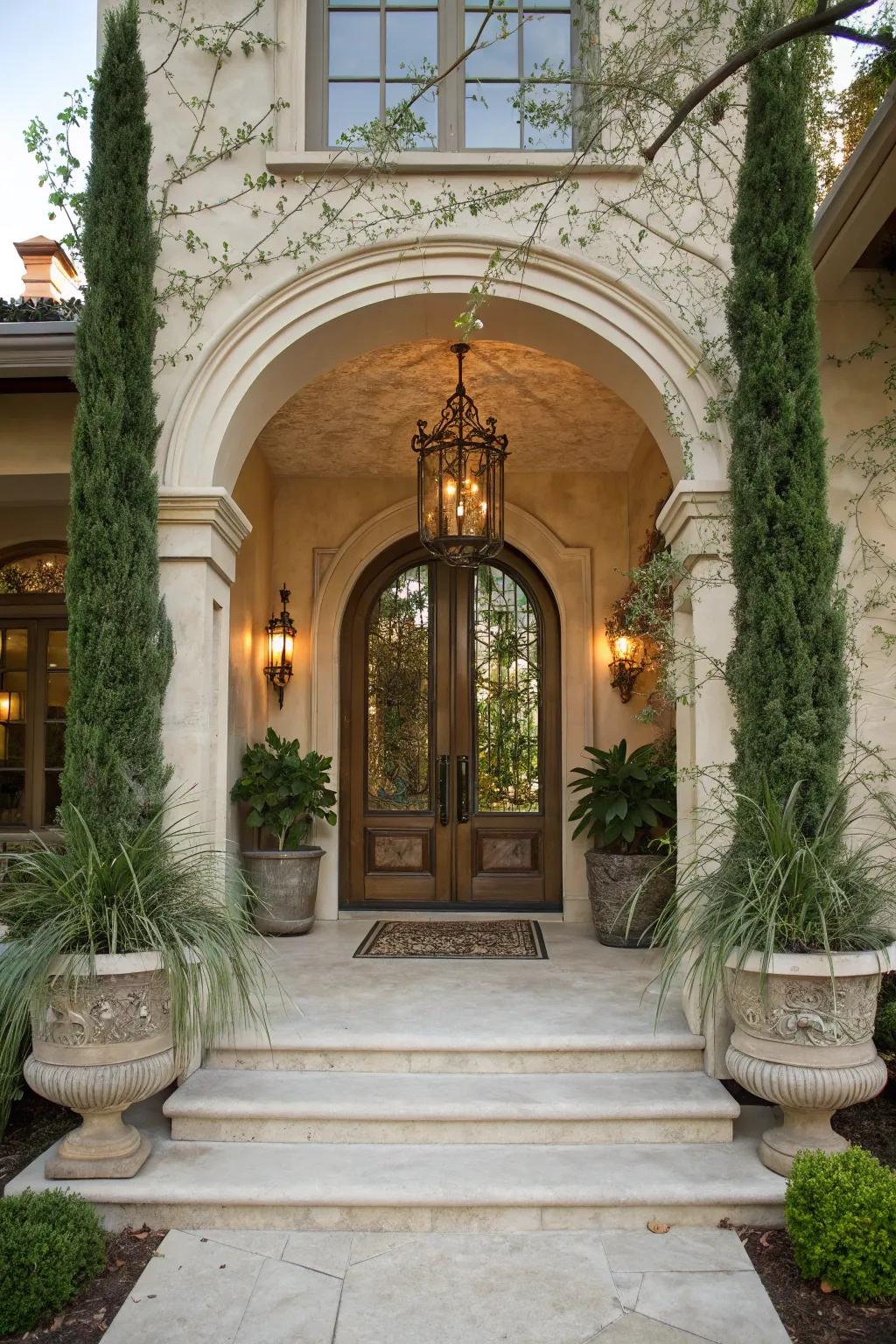 An impressive entrance featuring an arched doorway enhancing the porch's charm.