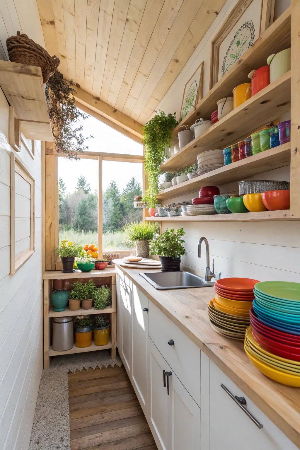 See-through shelving boosts both aesthetics and practicality within a studio kitchen.