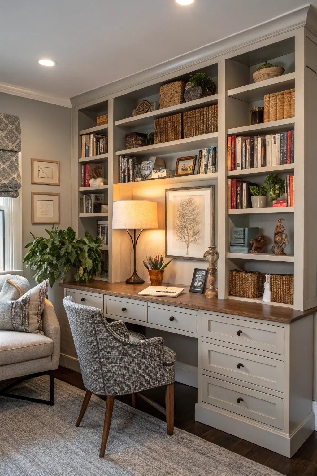 In-wall bookshelves offer a seamless blend of workspace and storage.