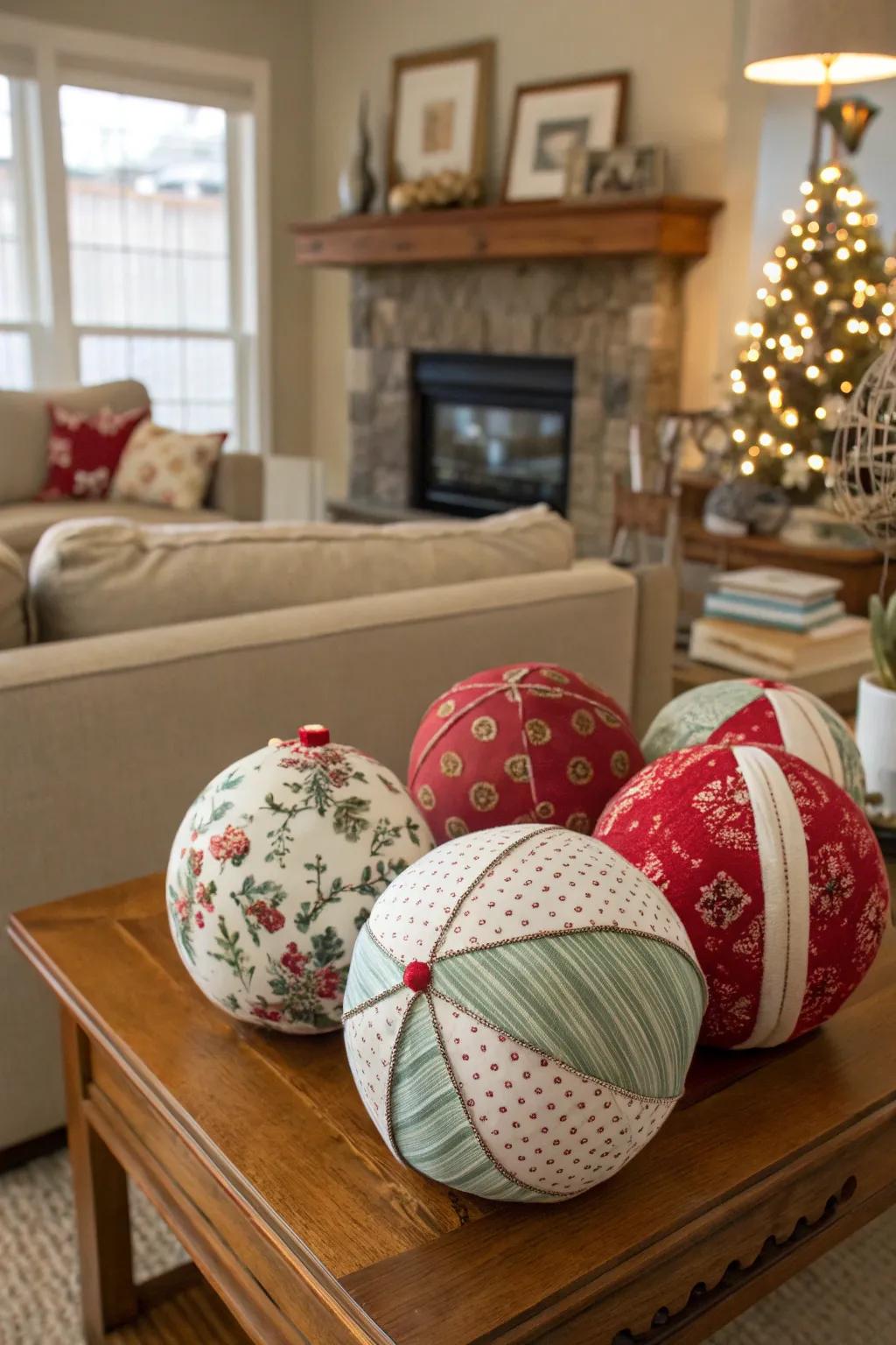 Elegant fabric-wrapped foam sphere ornaments bring a personal flair.