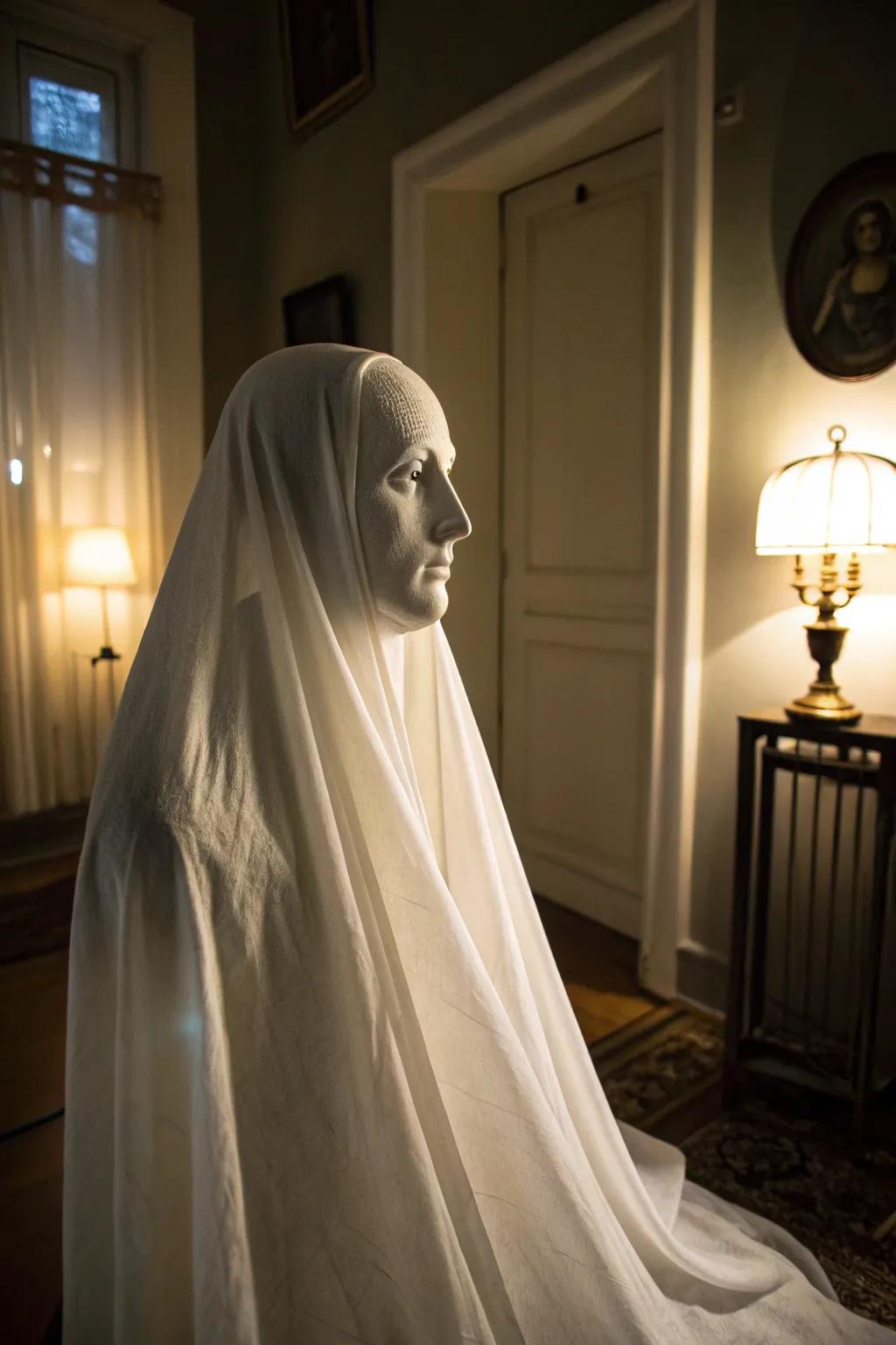A spectral head cloaked in sheer material, perfect for setting a haunting tone.