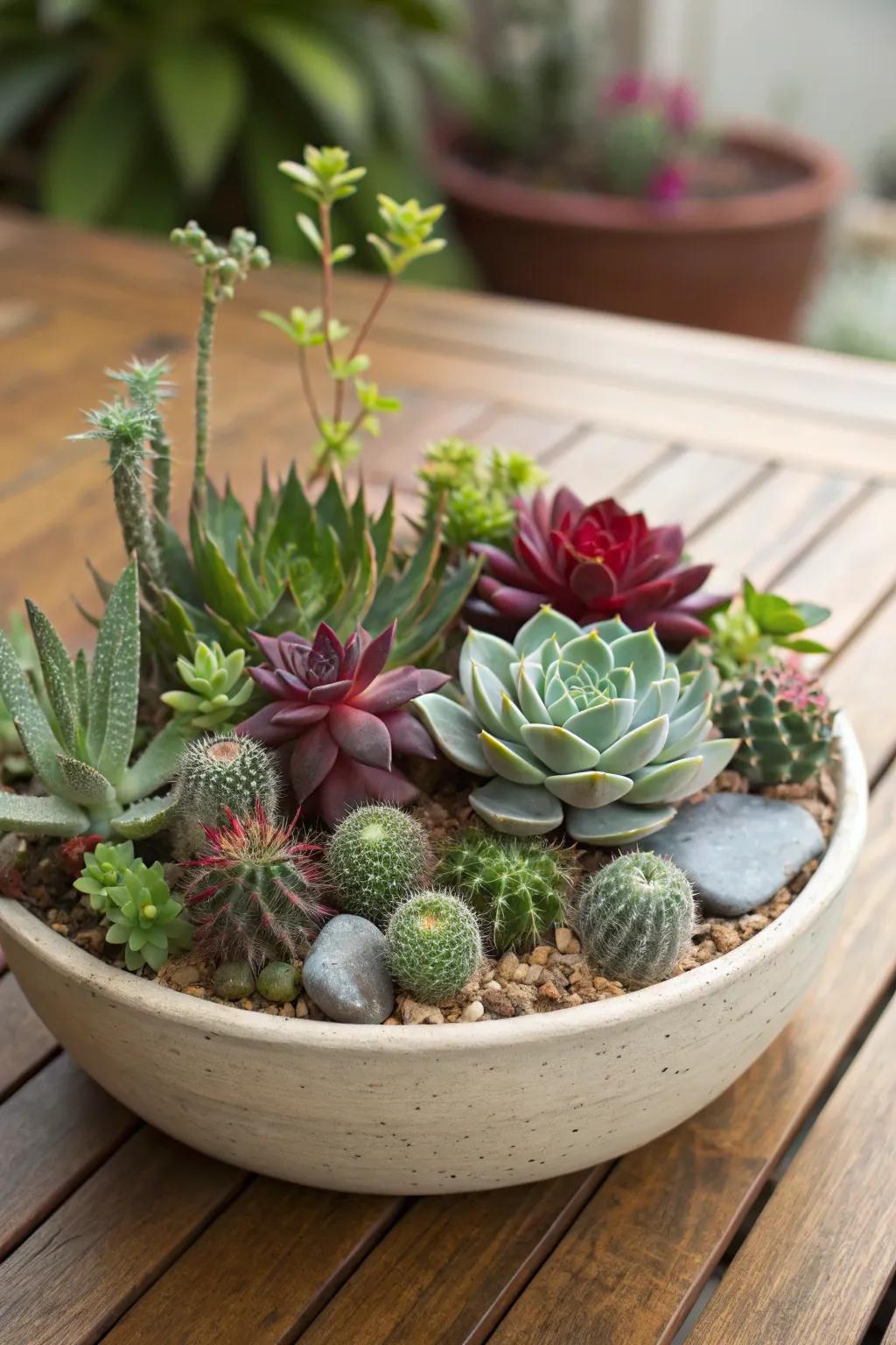 A diverse arrangement of rosette and trailing succulents combined with miniature cacti.