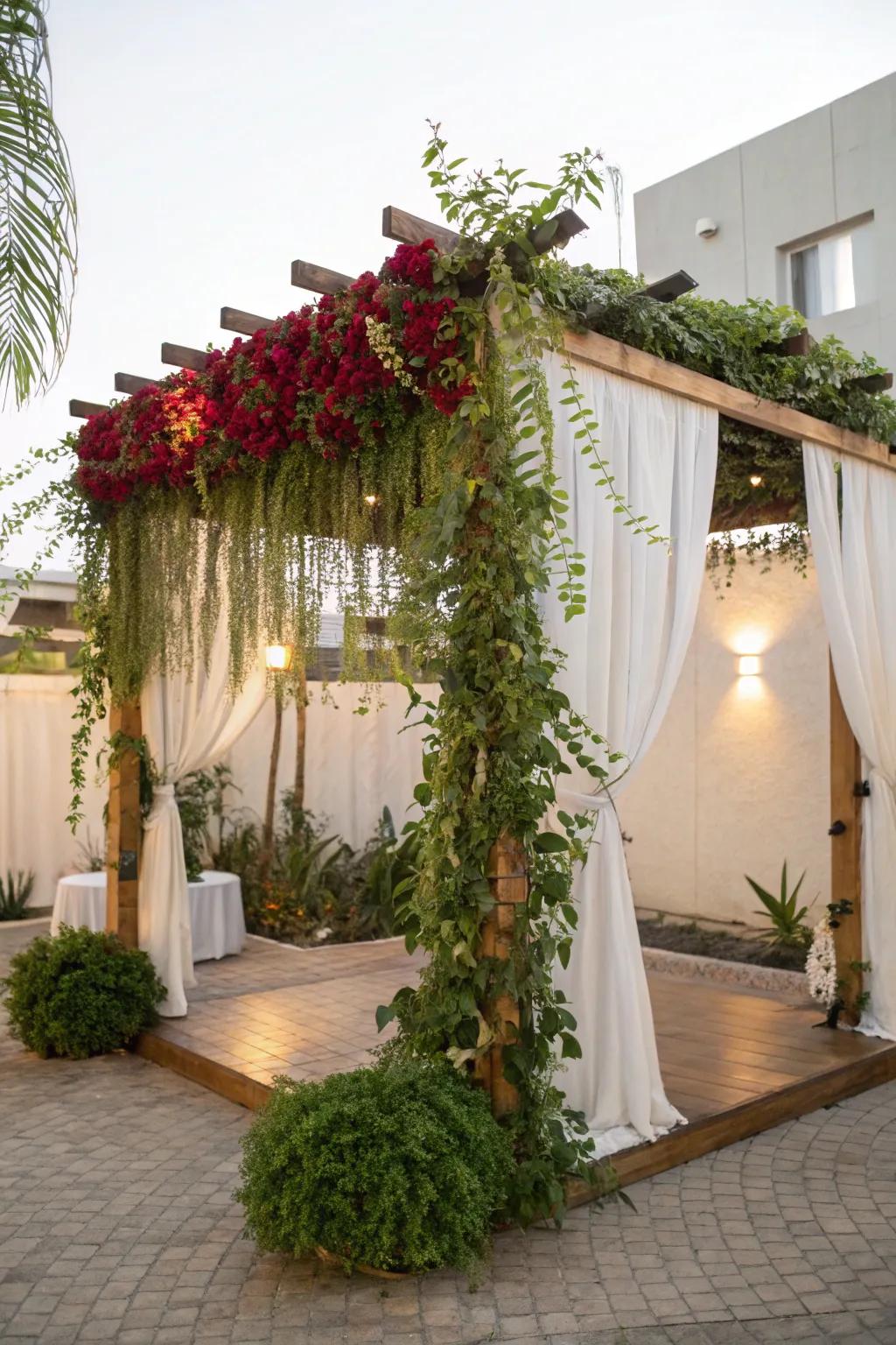 A sukkah beautifully draped with verdant greenery and winding vines, exuding a tranquil ambiance.