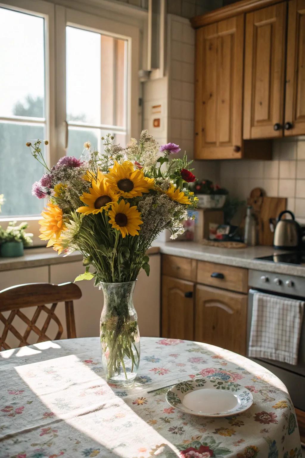 A vibrant display of sunflowers and wildflowers brightens a cozy kitchen area.