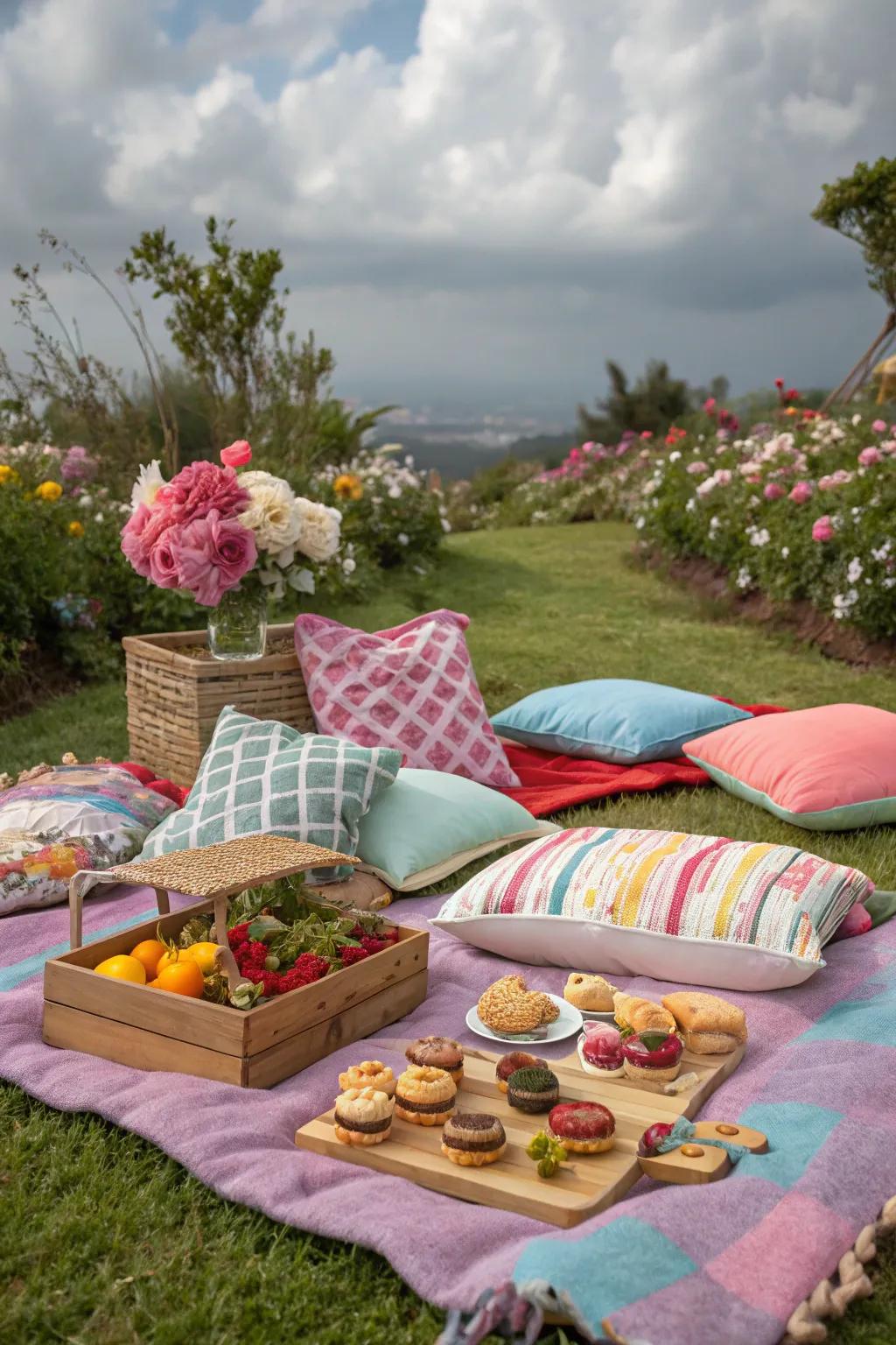 A comfortable garden picnic setup ideal for summer lounging.