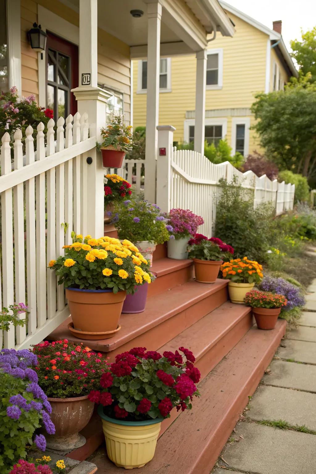 A vibrant display of flower pots adds a burst of color to any porch.