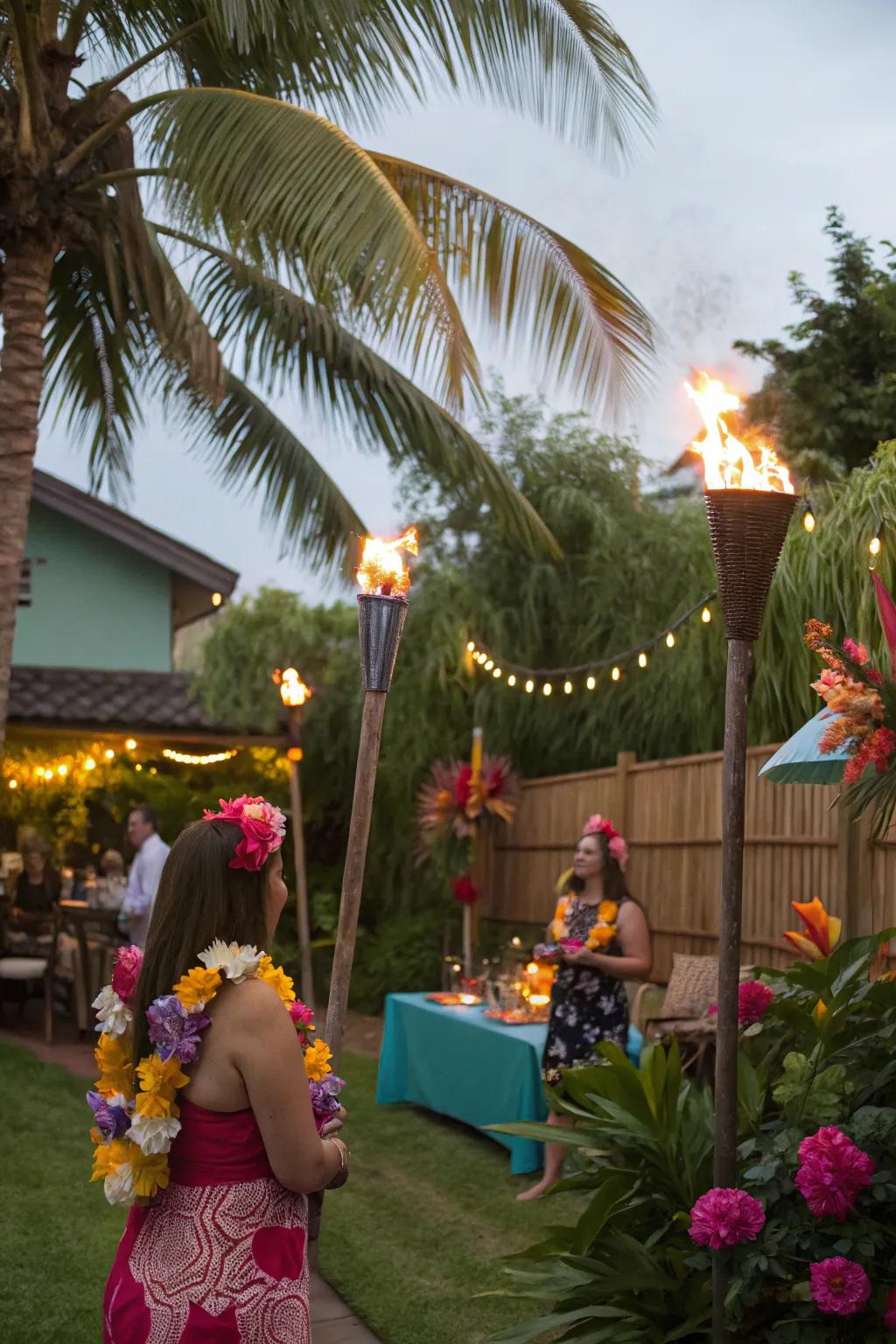 Visitors savoring a tropical luau party adorned with bamboo lights and floral garlands.