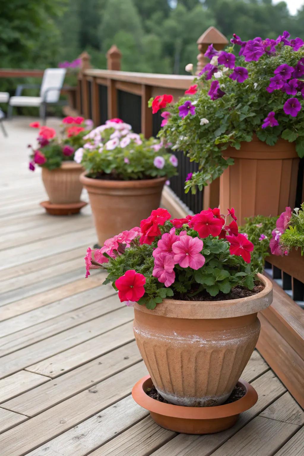 Earthen pots showcasing vibrant petunias and geraniums