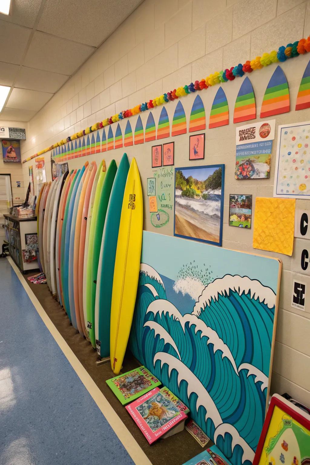 Surfboard-themed bulletin board bringing beach vibes to the classroom.