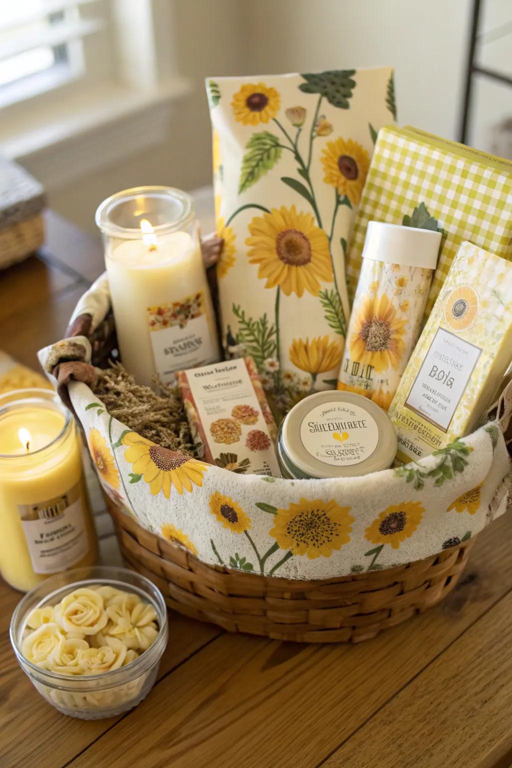 A sunflower gift hamper filled with charming, thoughtful presents.