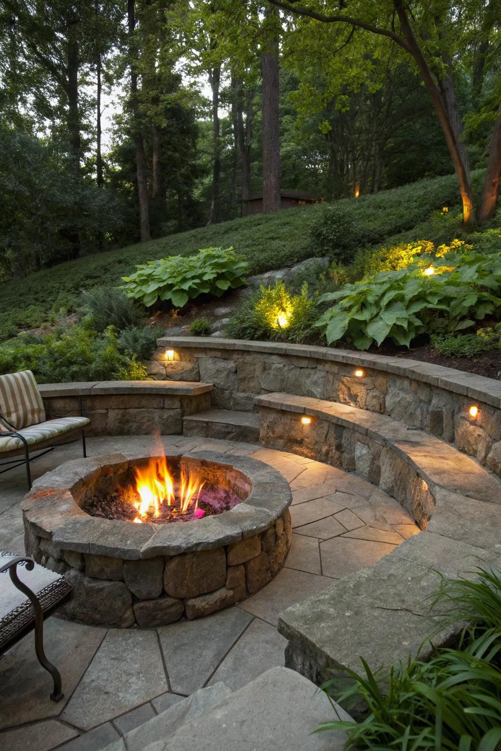 A natural stone recessed fire pit set in a natural environment.